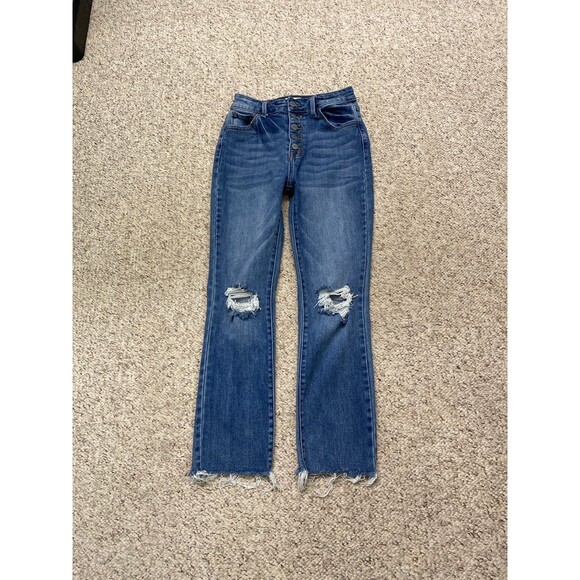 28 CEROS High-Rise Exposed Button Fly Distressed Crop Straight Leg Raw Hem - Picture 1 of 7